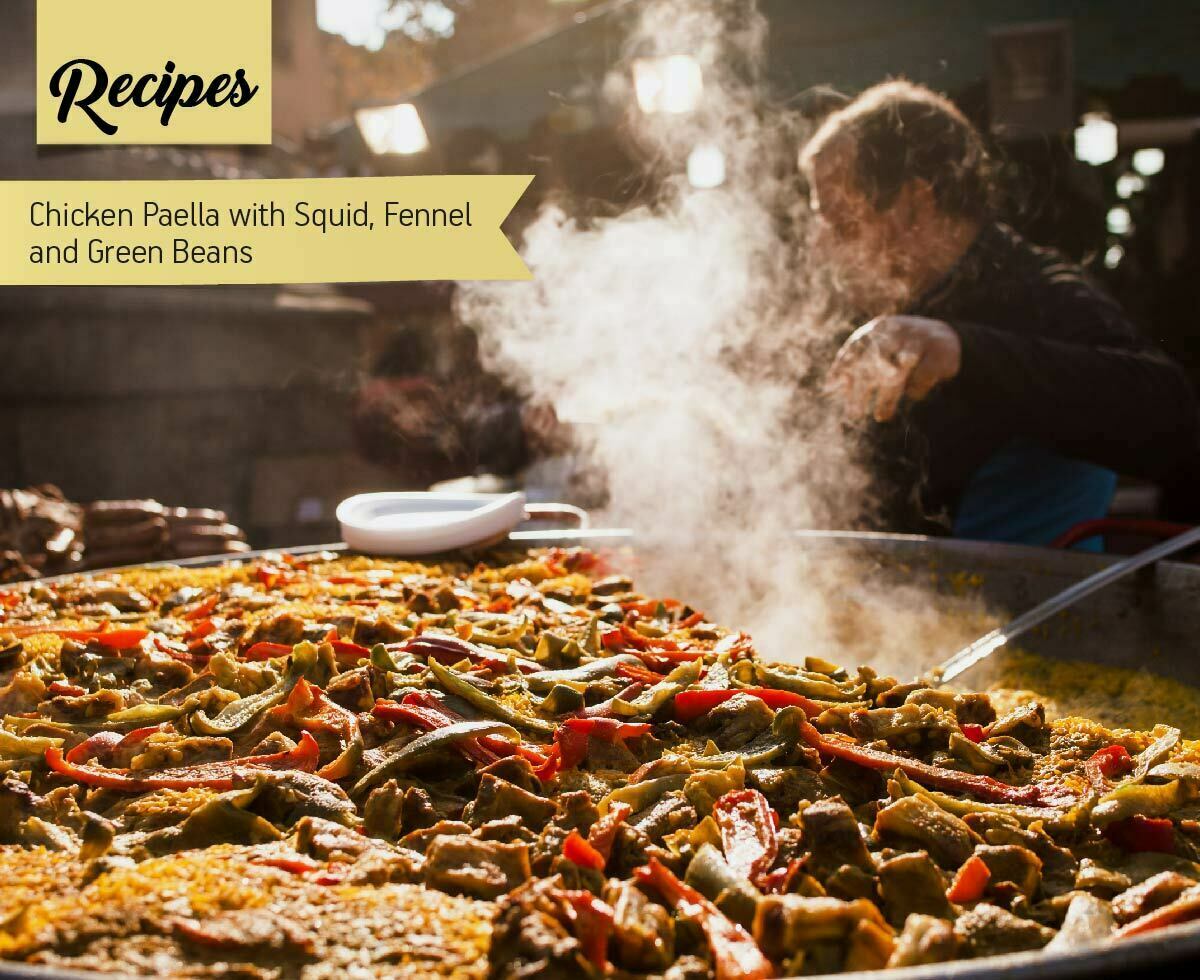 photo with Chicken paella with squid, fennel and green beans