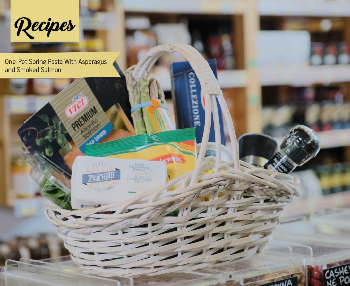 Photo with a basket with linguine salmon recipe ingredients