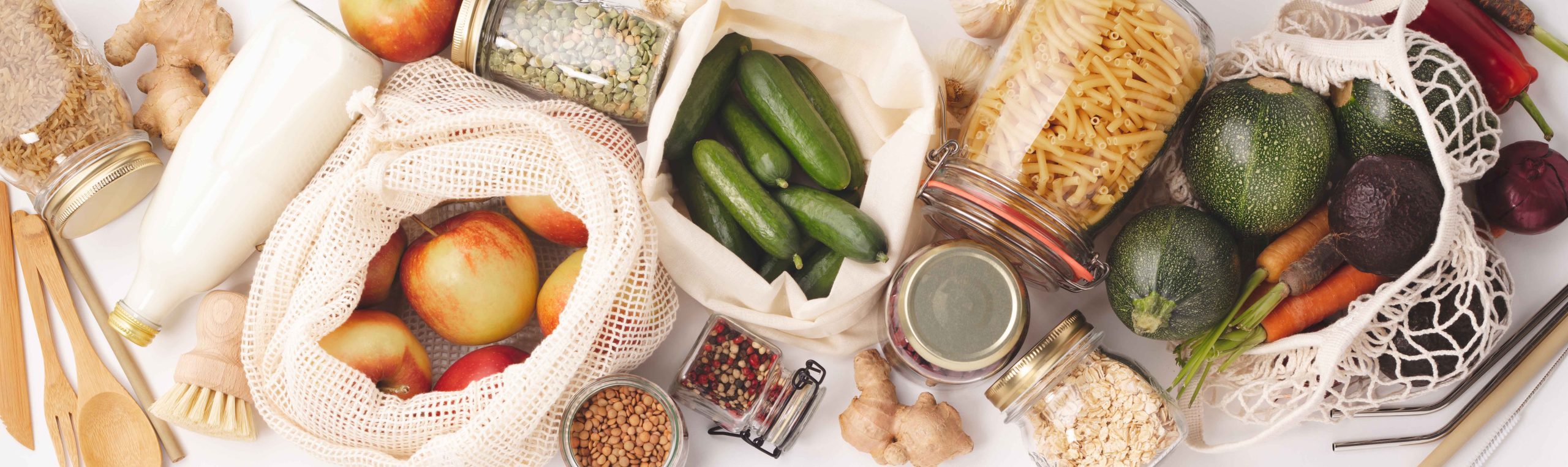 photo with fruits and vegetables, glass jars with beans, lentils, pasta.