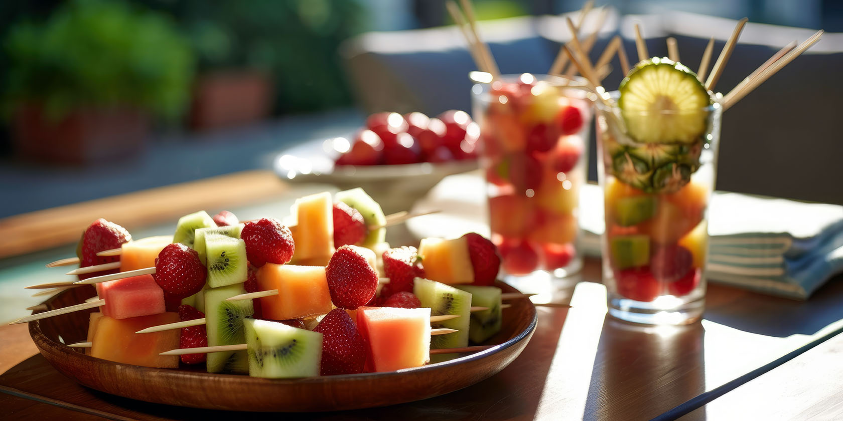 photo with colourful array of fresh fruit kebabs, featuring pineapple, water