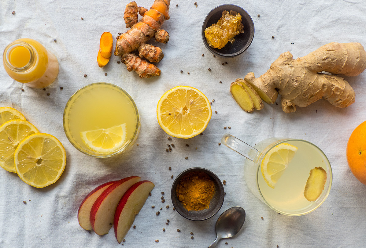 photo with Various immune boosting citrus drinks with ginger and turmeric