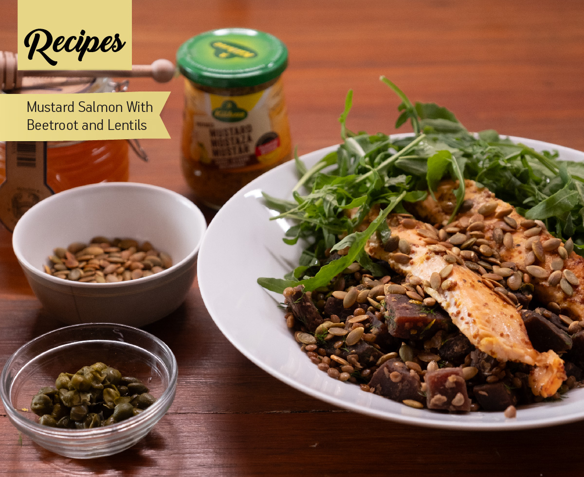 photo with Scandi Style Salmon with Beetroot, Lentils & Mustard