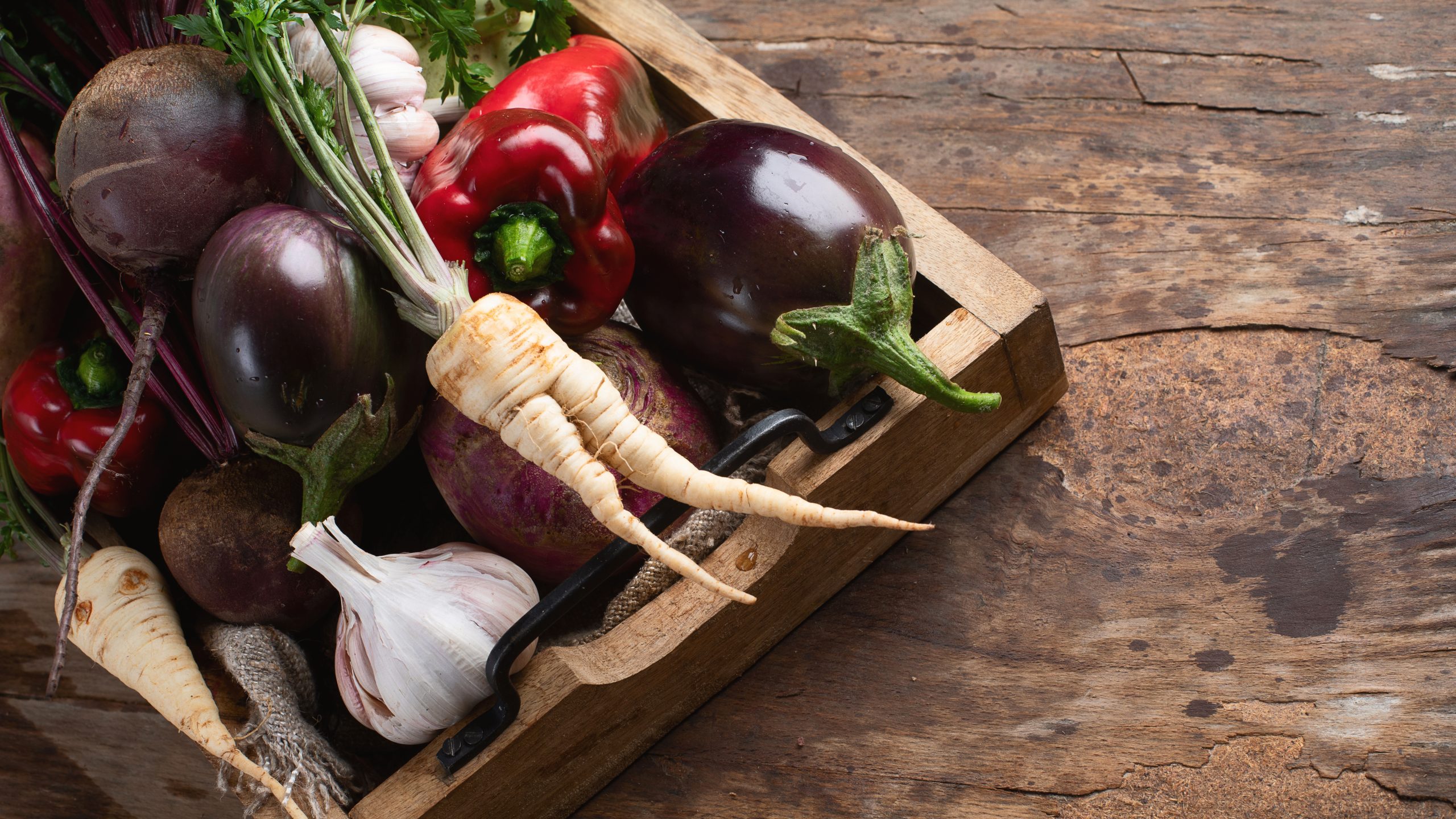 photo with Fresh harvested vegetables in wooden box